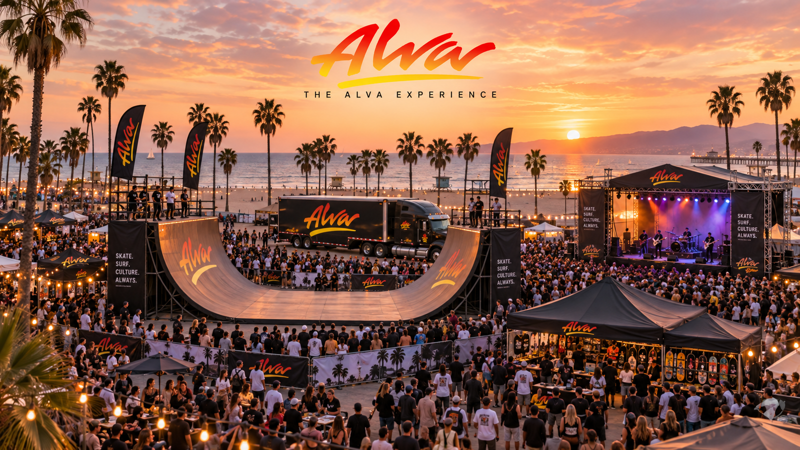 Alva skate ramp and music event concept beside the beach at sunset